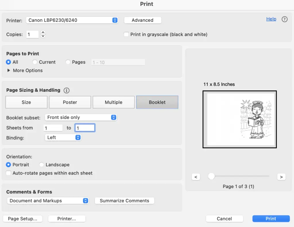 A print dialogue box showing using the booklet printing feature in Acrobat reader to print a Christmas card