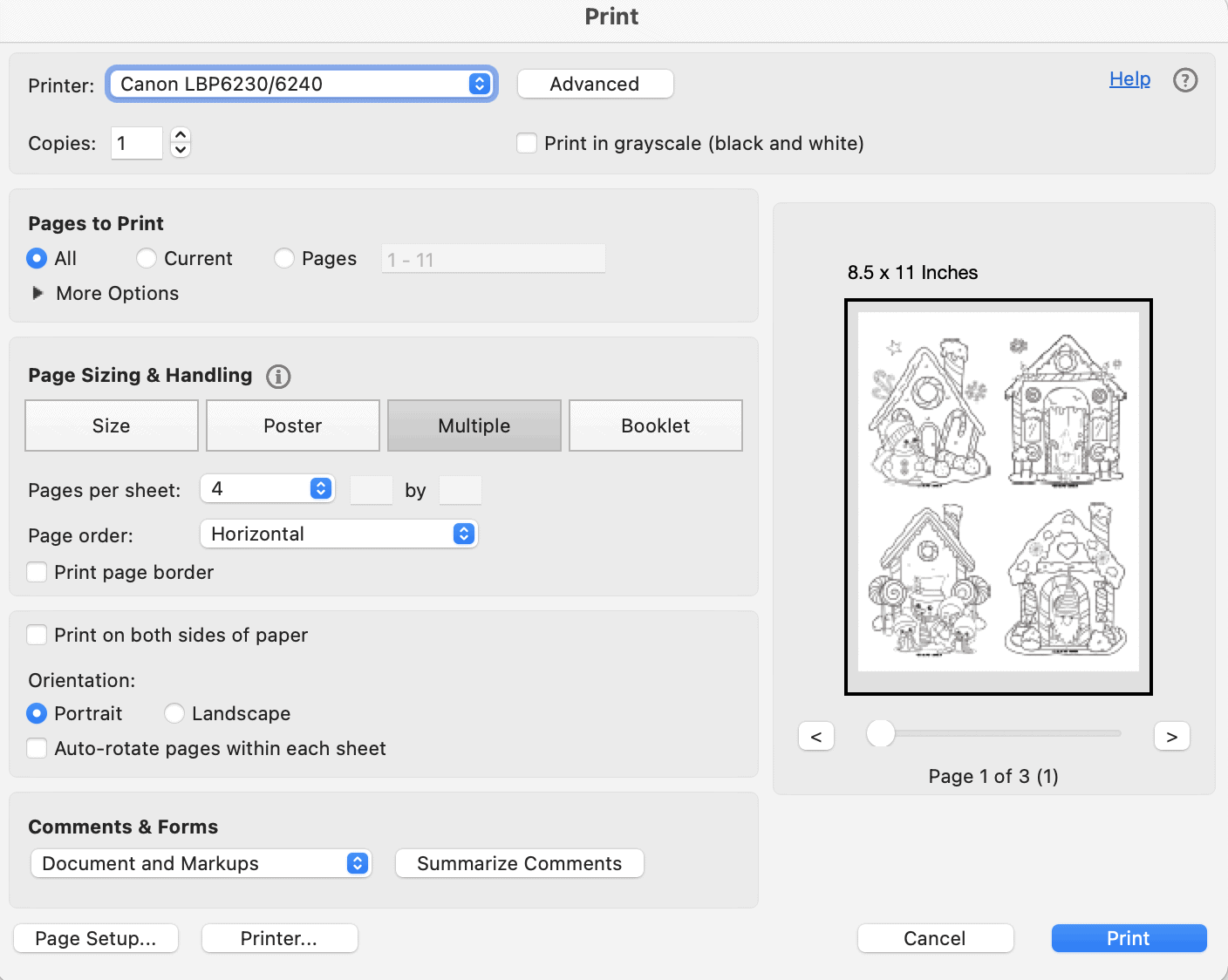 A print preview box from Acrobat reader wooing printing four gingerbread house coloring pages as Christmas cards.