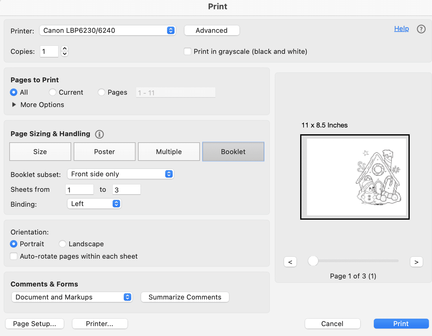 A print preview box from Acrobat reader wooing printing a gingerbread house coloring page as a Christmas card.