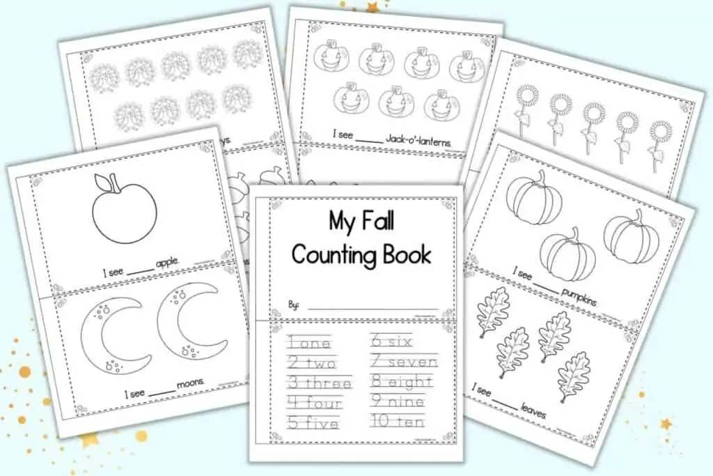 A preview of six sheets of printable fall counting book. Each sheet has two pages to cut apart and assemble into an emergent reader for pre-k and kindergarten. One page has a cover and numbers 1-10 to trace. The remaining sheets have black and white clipart with a simple sentence "I see..." to fill in the number of items shown.