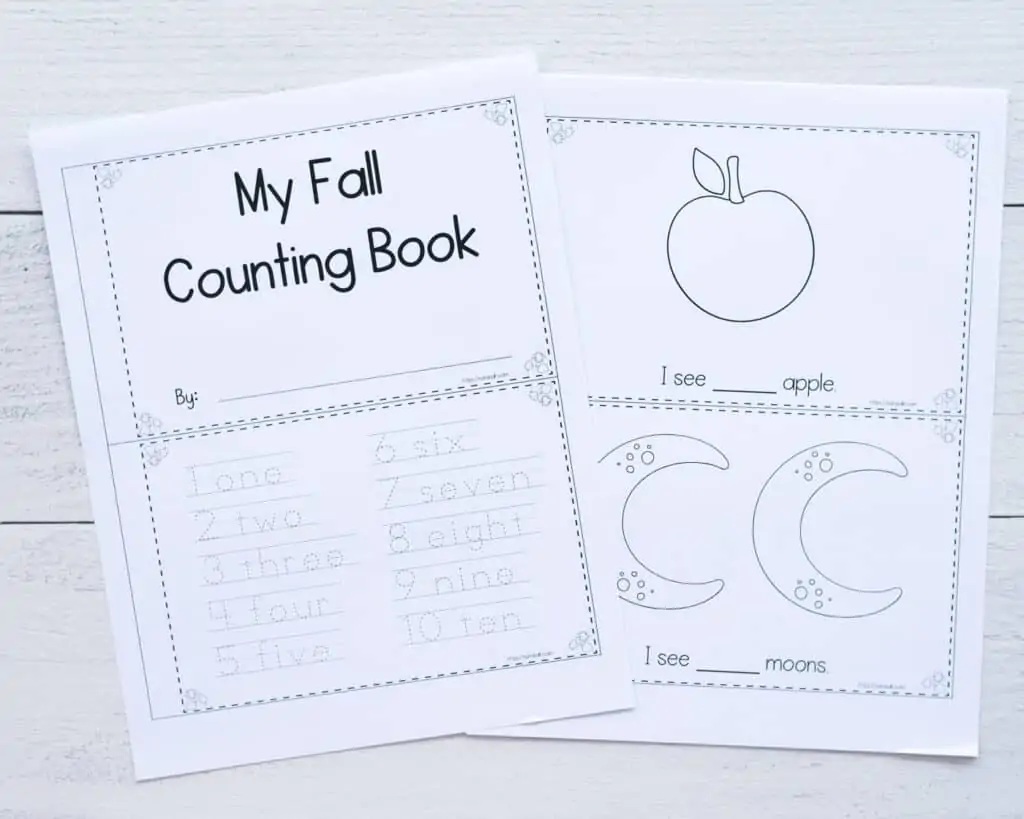 A preview of two printed fall counting book pages. Each sheet has two pages to cut apart to make a reader for pre-k students. The page on the left has "My fall counting book" above and numbers 1-10 to trace below. On the right is "I see (one) apple" and "I see (two) moons"