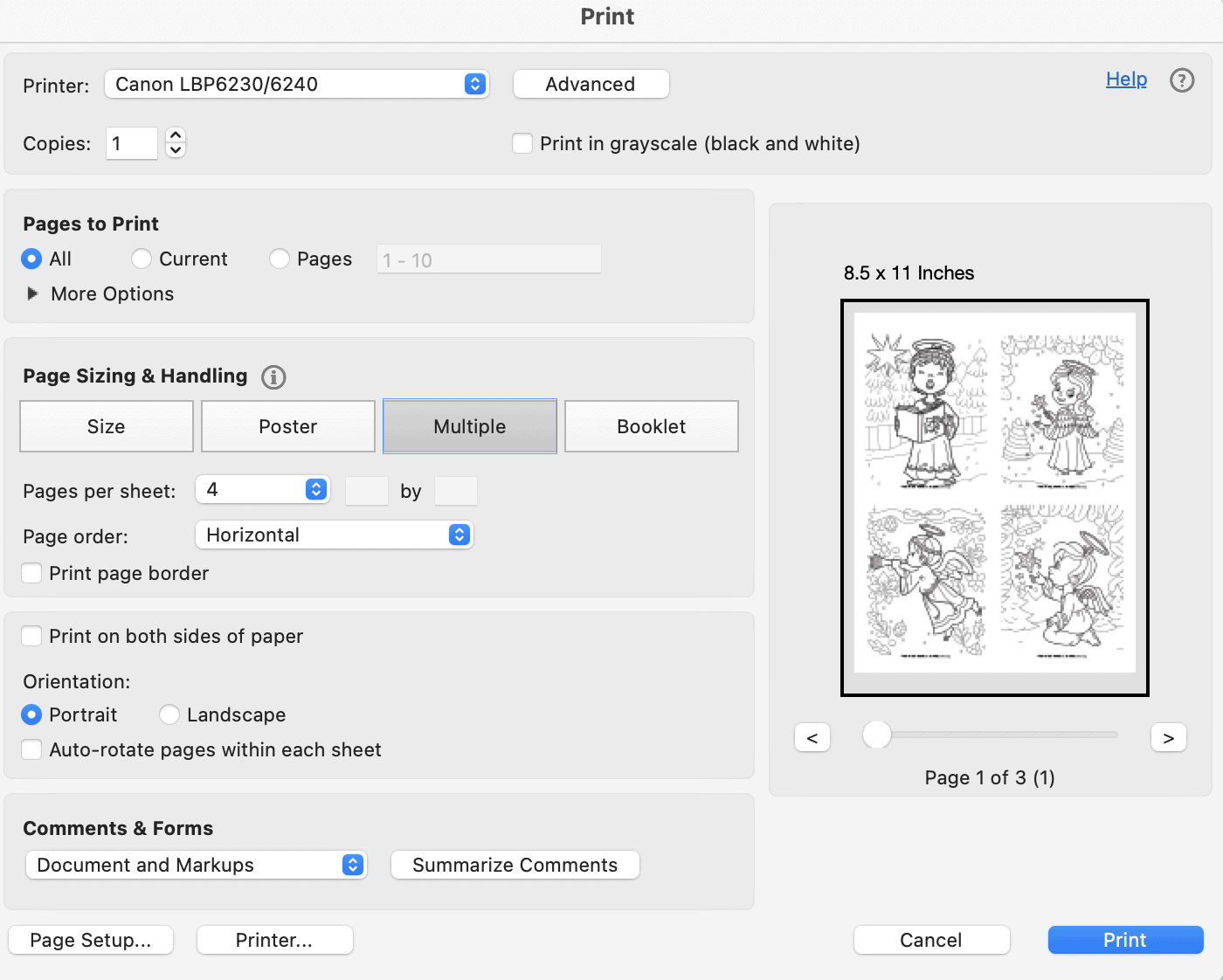 A screenshot of a print preview box showing printing 4 to a page in Acrobat Reader