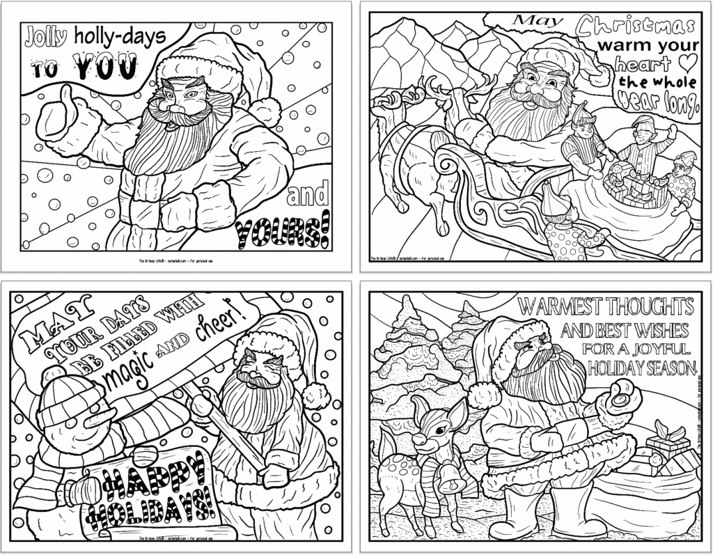 A preview of four printable Santa coloring pages for adults. Each page is in a vintage woodcut style and has a quotation about Christmas. 