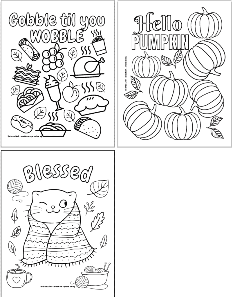 A preview of three fall coloring pages with quotes and fall elements o color.