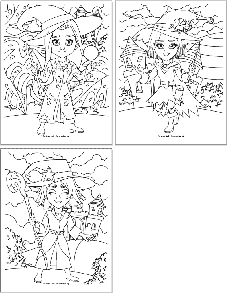 A preview of three printable coloring pages for kids featuring cute witches in front of castles. 