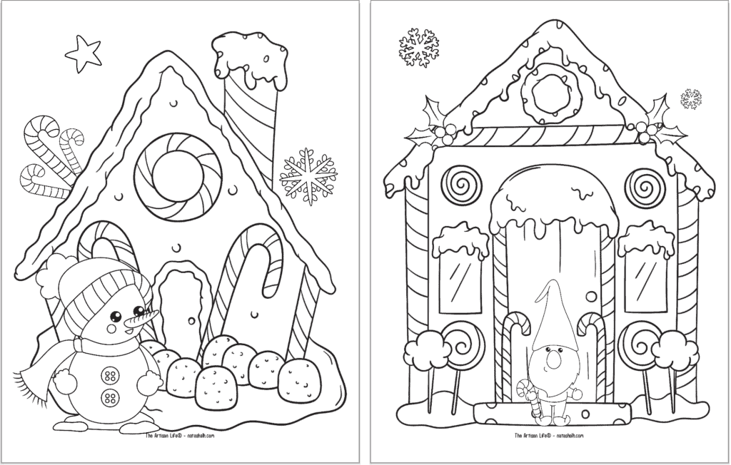 Two free printable Christmas gingerbread coloring pages. The page on the left has a snowman in front of the house and the page on the let has a Christmas gnome.