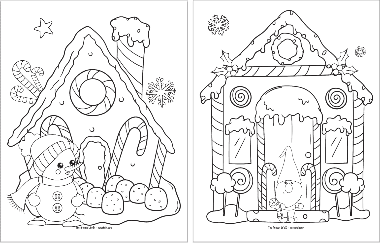 Two free printable Christmas gingerbread coloring pages. The page on the left has a snowman in front of the house and the page on the let has a Christmas gnome.