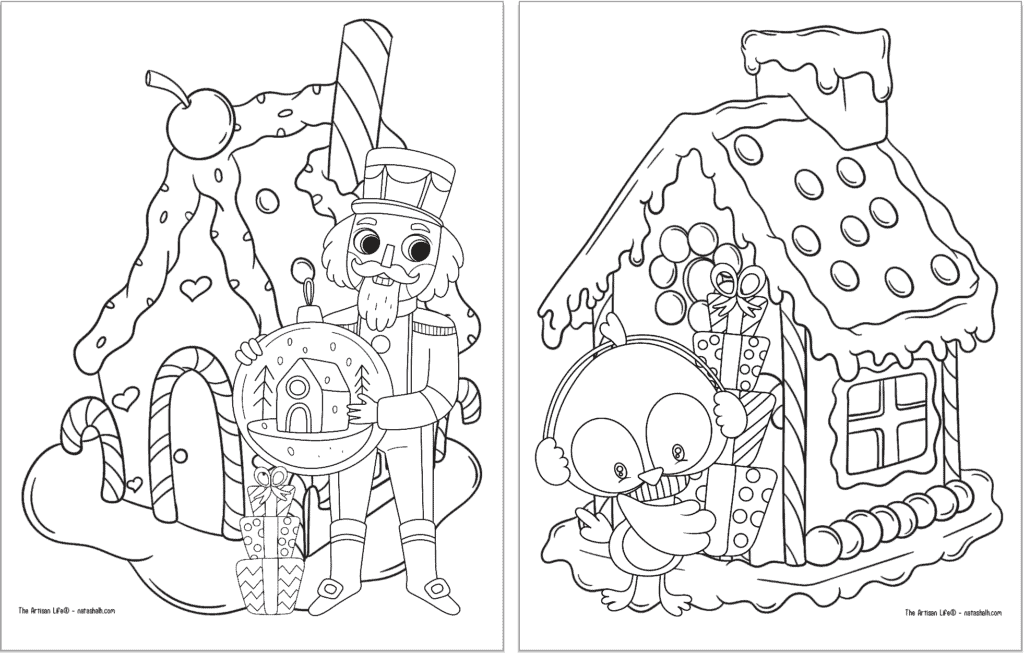 Two free printable Christmas gingerbread coloring pages. The page on the left has a nutcracker with a snow globe and the page not eh right has a Christmas owl with Christmas presents