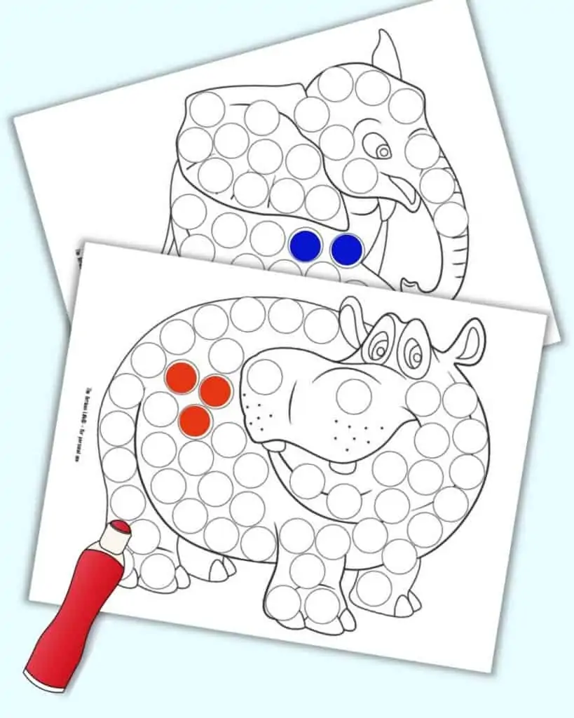 A mockup preview of two African animal dot marker coloring pages. In front is a hippo and behind is an elephant. The pages are shown with an illustrated red dauber marker.