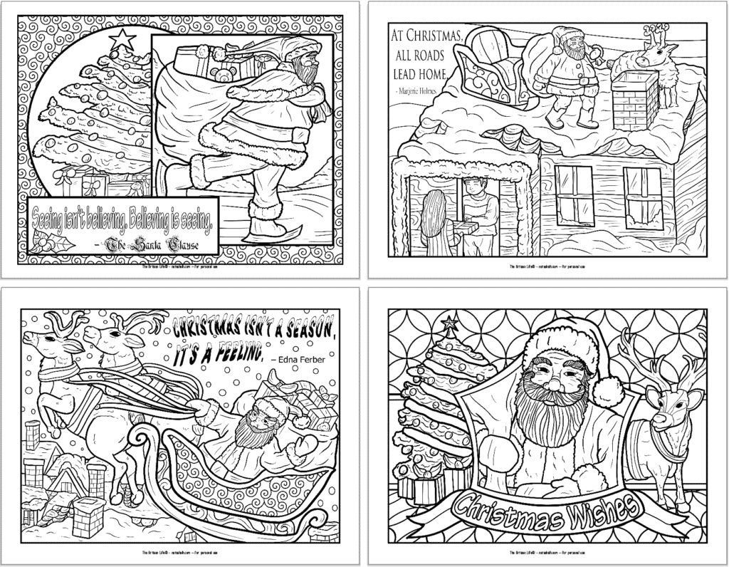 Four free coloring sheets for adults with Santa in a vintage style.
