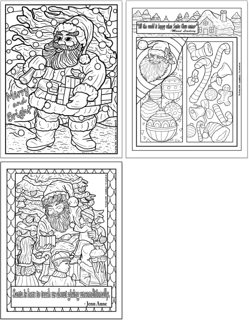 Three portrait oriented Santa coloring pages for adults in a vintage woodcut illustration style.