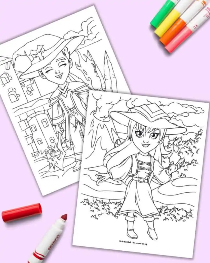 A preview of two cute wizarding coloring pages for kids. In front is a witch with fire in front of a volcano. Behind is a boy wizard with a dragon staff standing in front of a castle.