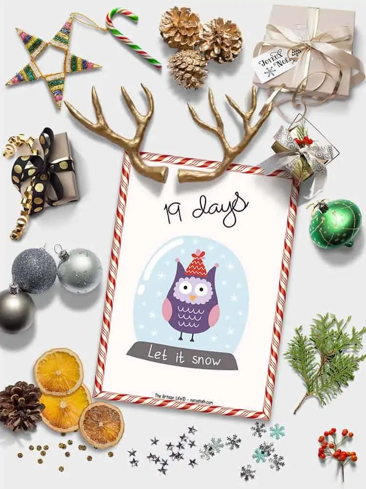 A preview of a 5x7 kid's advent calendar printable with an owl and "19 days until Christmas" written on it. The card is shown on a light colored background with assorted holiday items like orange slices, ornaments, small packages, and snowflake glitter.