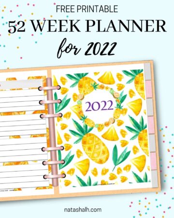 A digital mockup preview of a six ring planner with a topical 2022 weekly 2022 planner cover page. The page features whole and sliced pineapples. Above the preview is th text "free printable 52 week planner for 202"