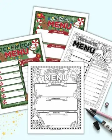 A preview of four printable menu planner pages for December. Two are color, two are black and white. One page each is a Christmas Day menu planner and the other is a weekly menu planner