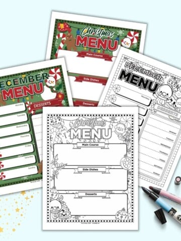 A preview of four printable menu planner pages for December. Two are color, two are black and white. One page each is a Christmas Day menu planner and the other is a weekly menu planner