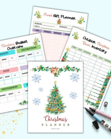 A preview of four pages of Christmas planner printable. Pages include a cover page, budget overview, decor inventory, and child gift planner page.