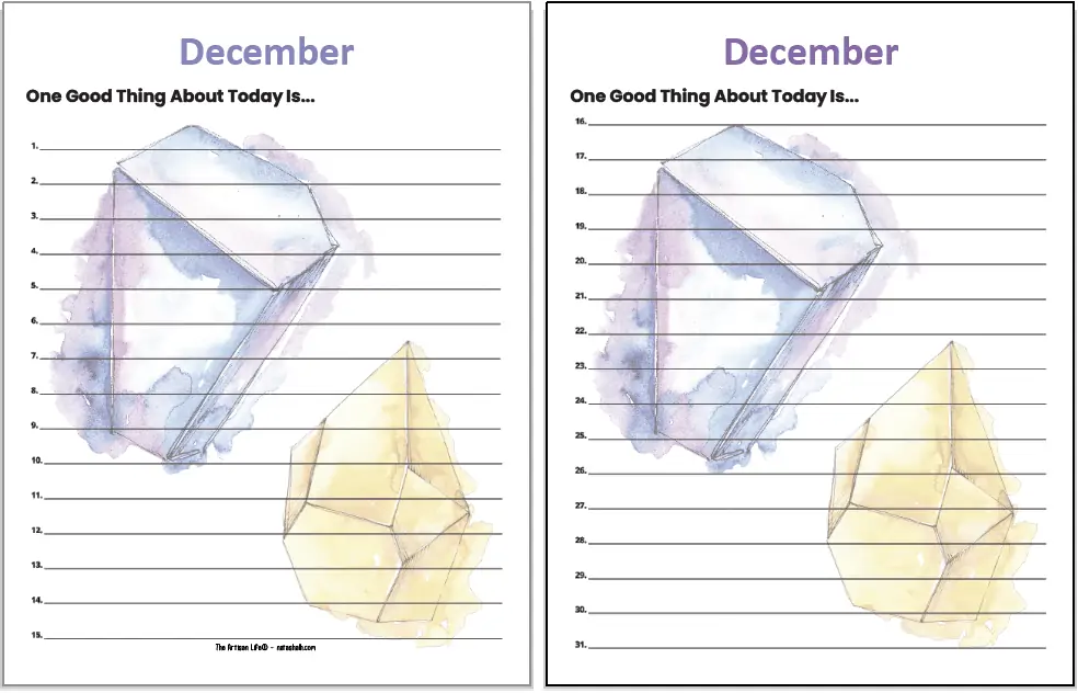 A preview of two printable December one line a day pages. Each page has dates (1-15 on one page, 16-31 on the second page) and a single line for each date.