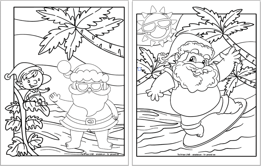 A preview of two tropical beach Christmas coloring pages with Santa. In the page on the left Santa is wearing sunglasses and waving at an elf. On the right he's riding a wave.