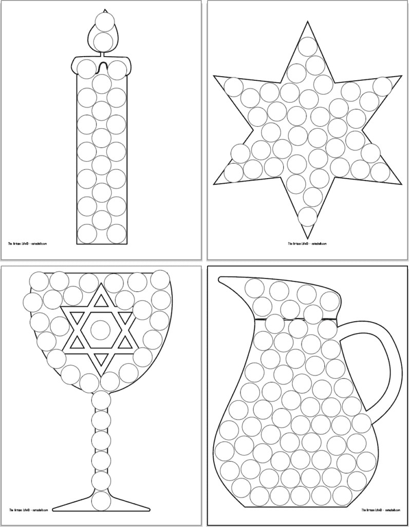 Four Hanukkah themed dab it dot marker coloring pages. Each page has a Hanukkah-related image with blank circles to dot in with a dauber marker. Images include: a candle, a Star of David, a chalice, and a pitcher.