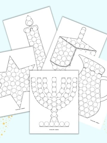 A preview of five printable Hanukkah themed dot marker coloring pages for children. Images include a menorah, a pitcher, a Star of David, a dreidel, and a candle.