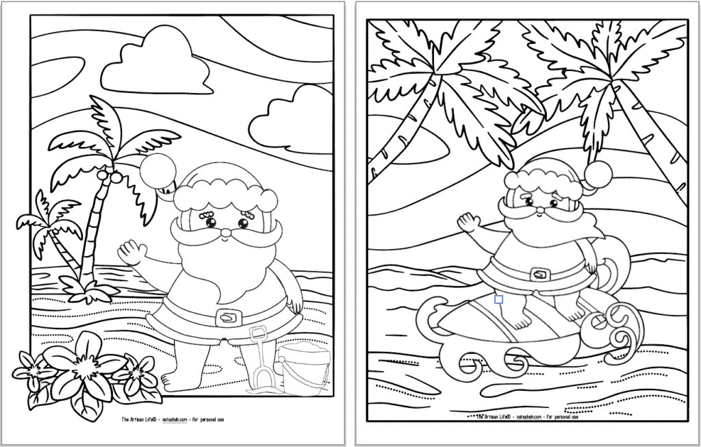 A preview of two tropical beach Christmas coloring pages with Santa. In the page on the left Santa is standing on the beach waving. On the right he's riding a surfboard.
