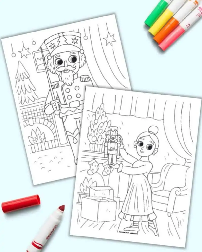 A preview of two Nutcracker themed Christmas coloring pages. One shows Clara holding her new toy nutcracker, the other shows the Nutcracker at human size.