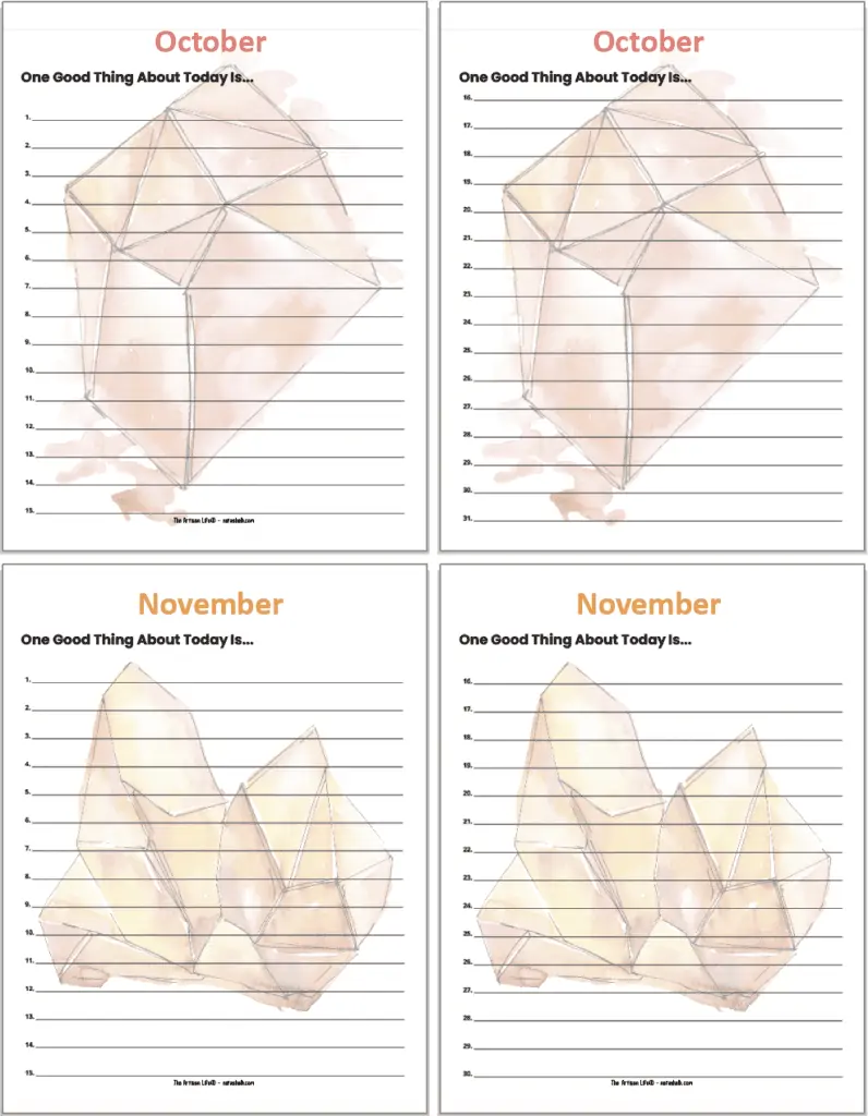 A preview of four printable "One good thing a day" journal pages with a watercolor crystal theme. There are two pages for October and two pages for November. Each page has dates and a single line for each date.