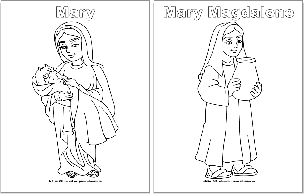Two bible character coloring pages - one with Mary holding the baby Jesus and the other with Mary Magdalene.