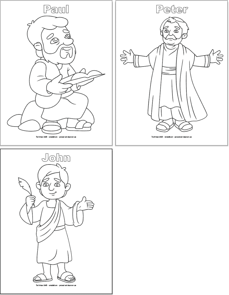 Three Bible character coloring pages with one character each and their name above in bubble letters. People include Peter, John, and Paul.