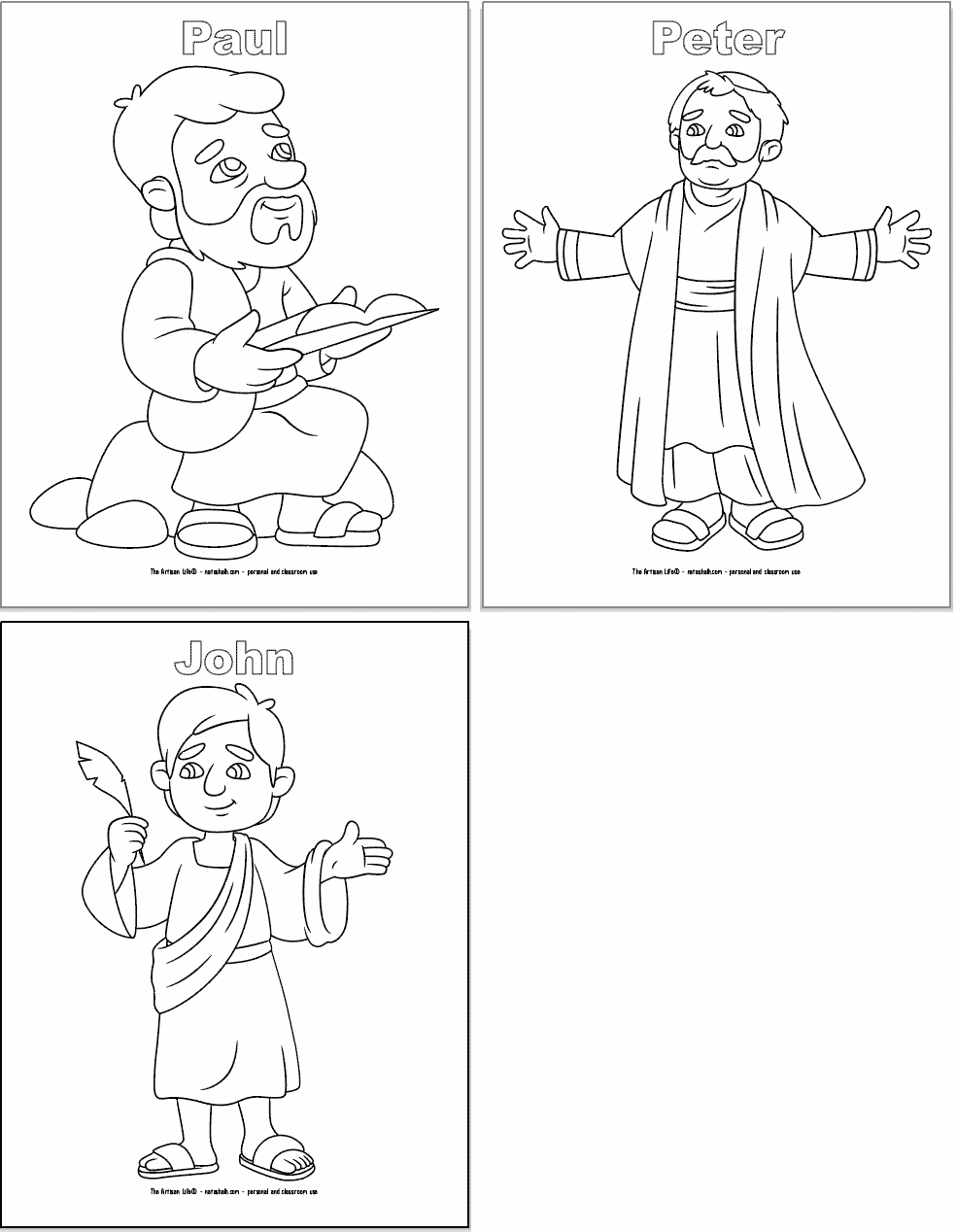 Three Bible character coloring pages with one character each and their name above in bubble letters. People include Peter, John, and Paul.