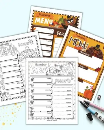 A preview of four printable November/Thanksgiving menu planner printables with a turkey theme.