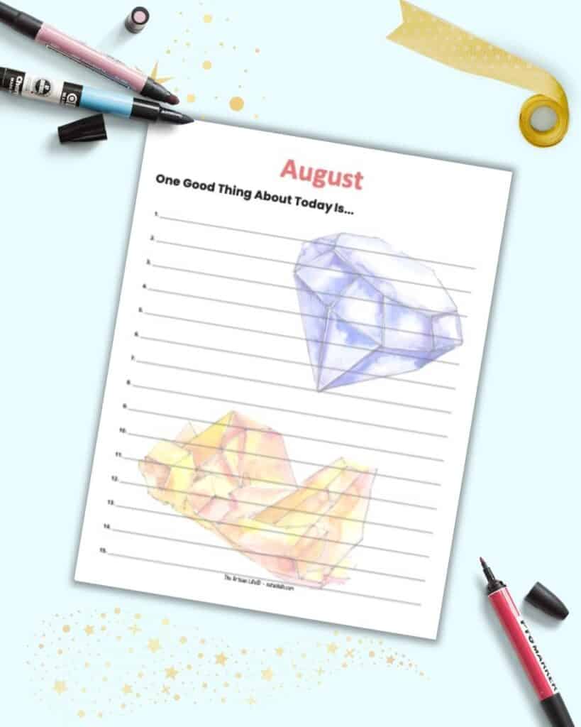 A printable August "one good thing a day" journal with one line a day for August 1-15.