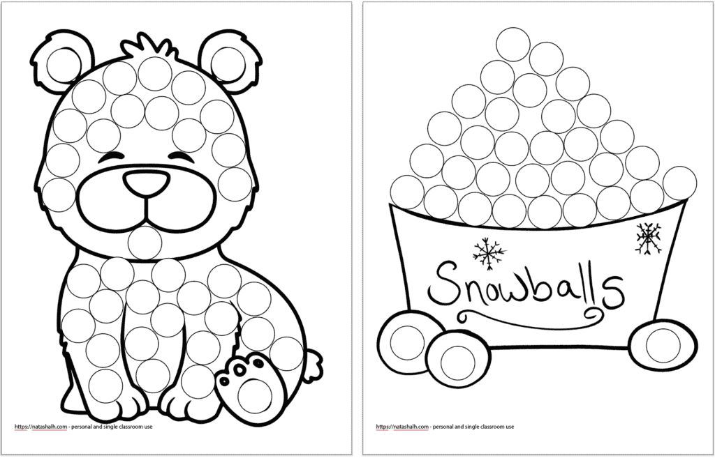 Two dot marker coloring pages for children with a winter theme. On the left is a polar bear and on the right is a bucket of snowballs