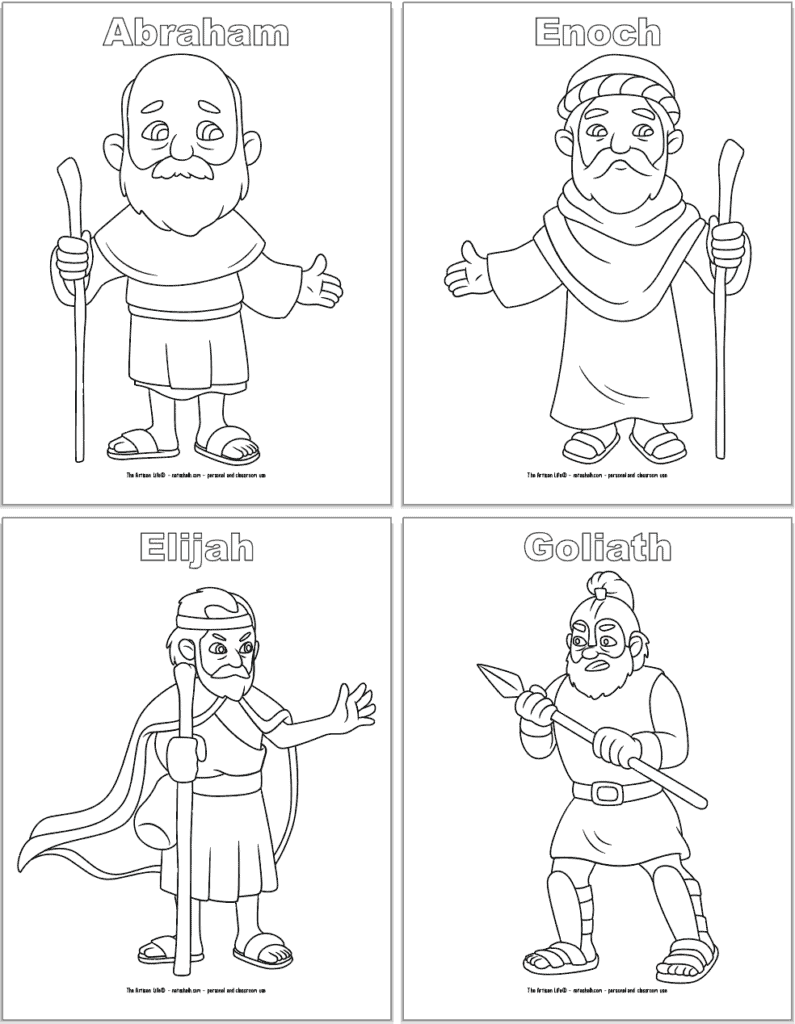 Four Bible character coloring pages with one character each and their name above in bubble letters. Characters are: Abraham, Enoch, Elijah, and Goliath.