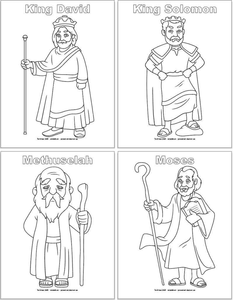 Four Bible character coloring pages with one character each and their name above in bubble letters. Characters are: Kind David, Kind Solomon, Methuselah, and Moses.