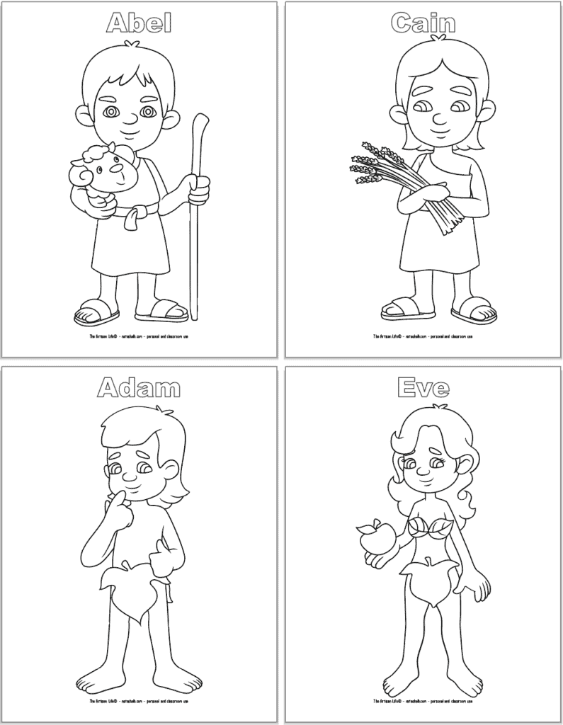 Four Bible character coloring pages with one character each and their name above in bubble letters. Characters are: Abel, Cain, Adam, and Eve