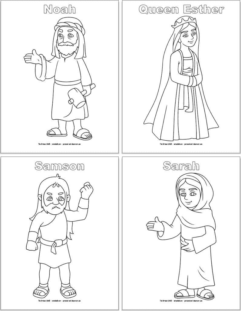 Four Bible character coloring pages with one character each and their name above in bubble letters. Characters are: Noah, Queen Esther, Samson, and Sarah