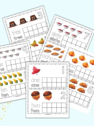 A preview of five printable ten frame pages. Each page has two ten frame cards to print and cut apart. Each card has a blank ten frame, a numeral, a matching quantity of Thanksgiving clip art images, and correct letter formation graphics spelling out the number.