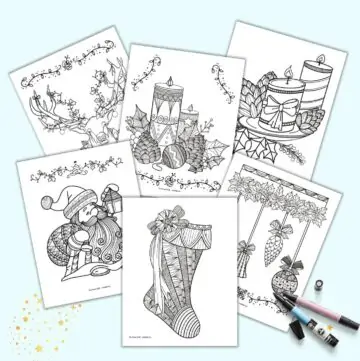 A preview of six printable Christmas coloring pages for adults. Each page has zen-style embellishments on Christmas illustrations. Images include Santa, a Christmas stocking, ornaments, two candles with greenery, a different image with two candles and ornaments, and a stag.