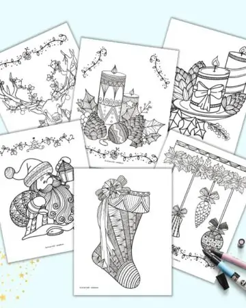 A preview of six printable Christmas coloring pages for adults. Each page has zen-style embellishments on Christmas illustrations. Images include Santa, a Christmas stocking, ornaments, two candles with greenery, a different image with two candles and ornaments, and a stag.