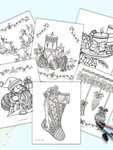 A preview of six printable Christmas coloring pages for adults. Each page has zen-style embellishments on Christmas illustrations. Images include Santa, a Christmas stocking, ornaments, two candles with greenery, a different image with two candles and ornaments, and a stag.