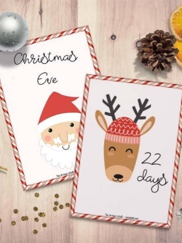 A preview of two printable Advent calendar pages for kids. One has "22 days" with a reindeer and the other page has "Christmas Eve" with a Santa face