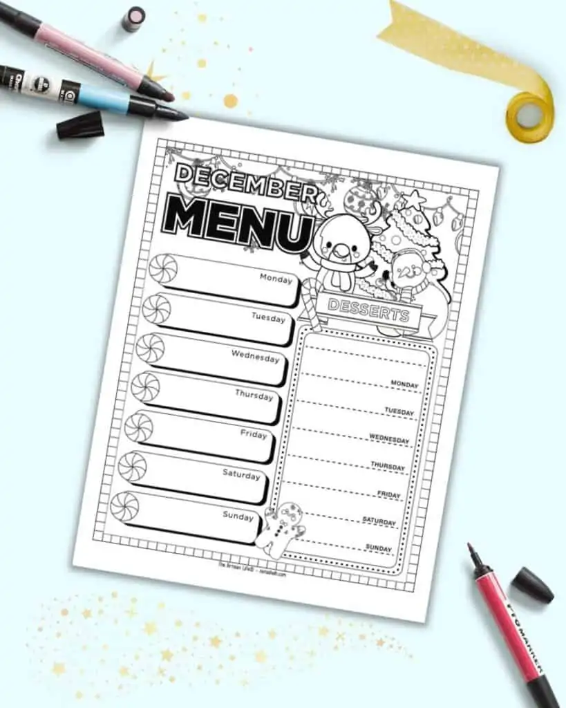 A preview of a December menu planner page for a week Monday-Sunday and a separate box fo planning daily desserts.