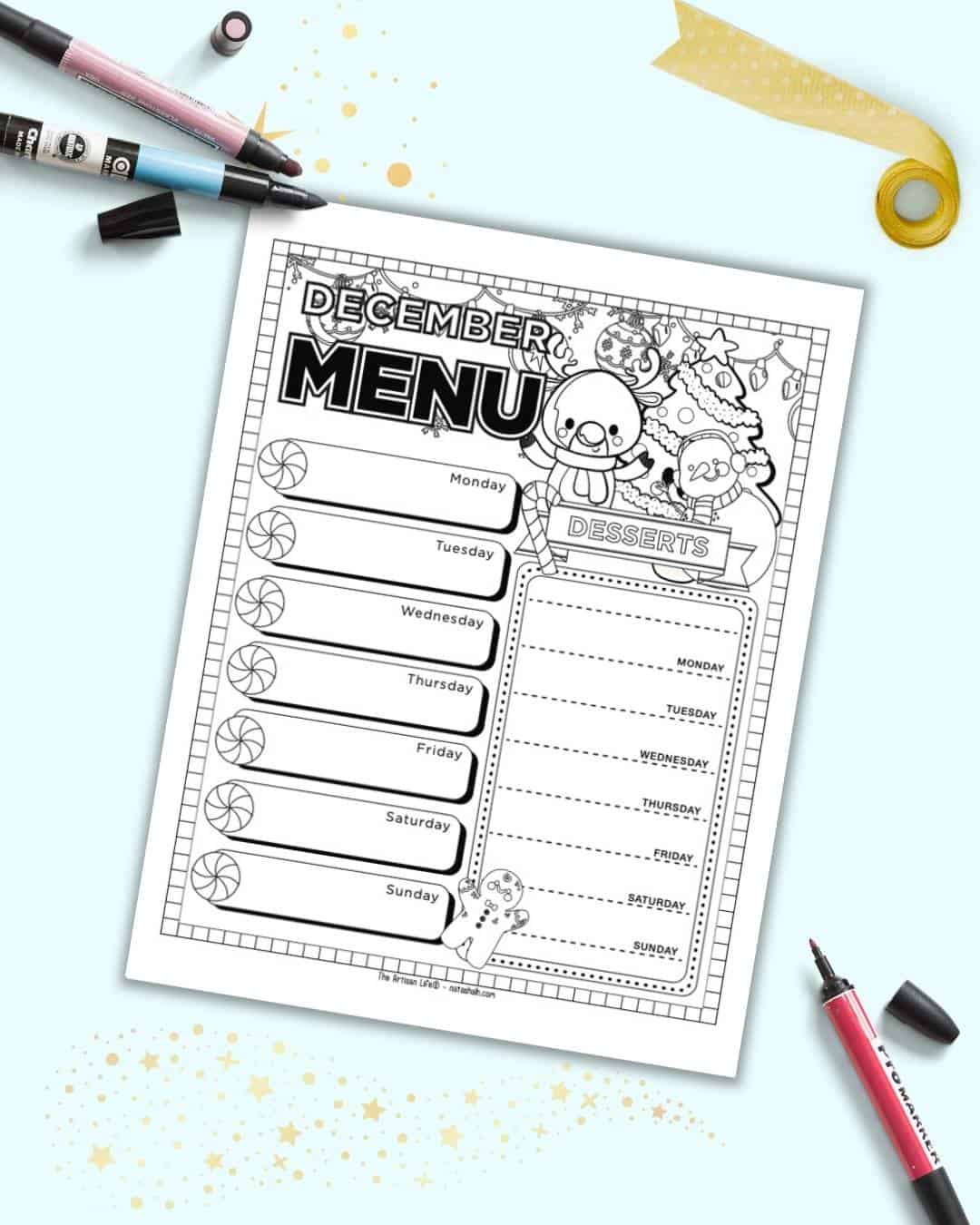 A preview of a December menu planner page for a week Monday-Sunday and a separate box fo planning daily desserts.