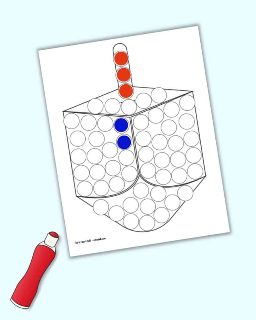 A digital mock up preview of a dreidel dot marker coloring page with three red dots not eh stem and one face partially colored blue