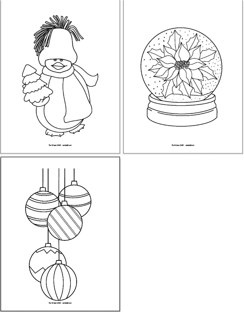 A preview of three easy Christmas coloring pages for kids. Images include: a penguin with a Christmas tree, a snow globe with a poinsettia, and five hanging Christmas ornaments.