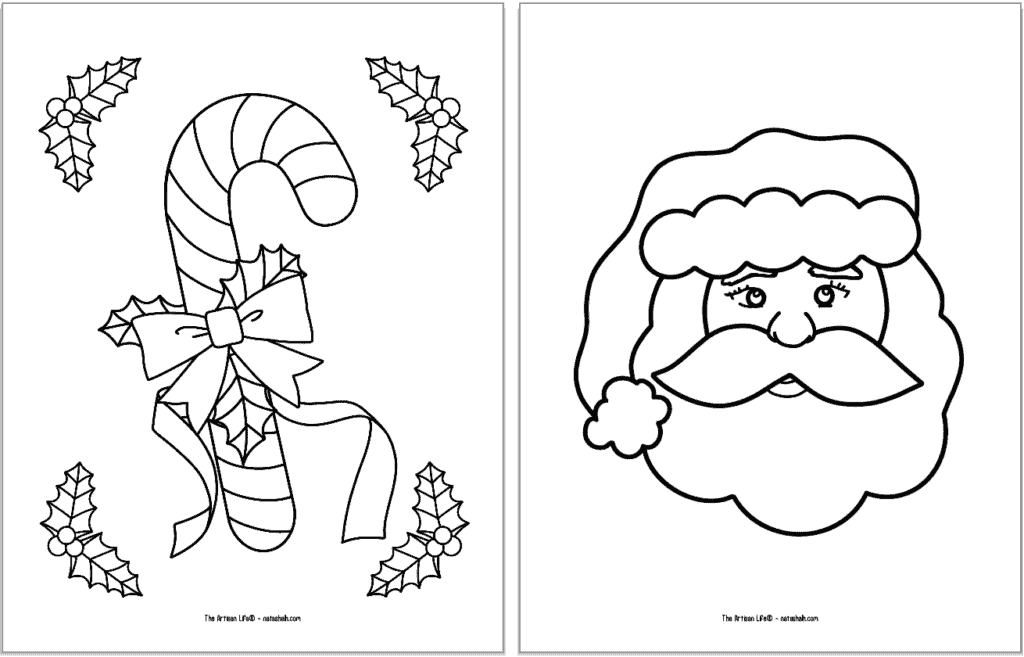 Two simple Christmas coloring sheets. On the left is a candy cane and on the right is Santa's face.