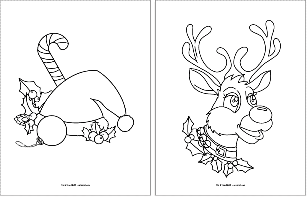 Two easy Christmas coloring pages. One has a Santa hat with a candy cane, the other has a reindeer head.
