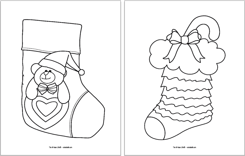 Two easy Christmas stockings to color. The stocking on the  left has a teddy bear and the stocking on the right has ruffles and a candy cane. 